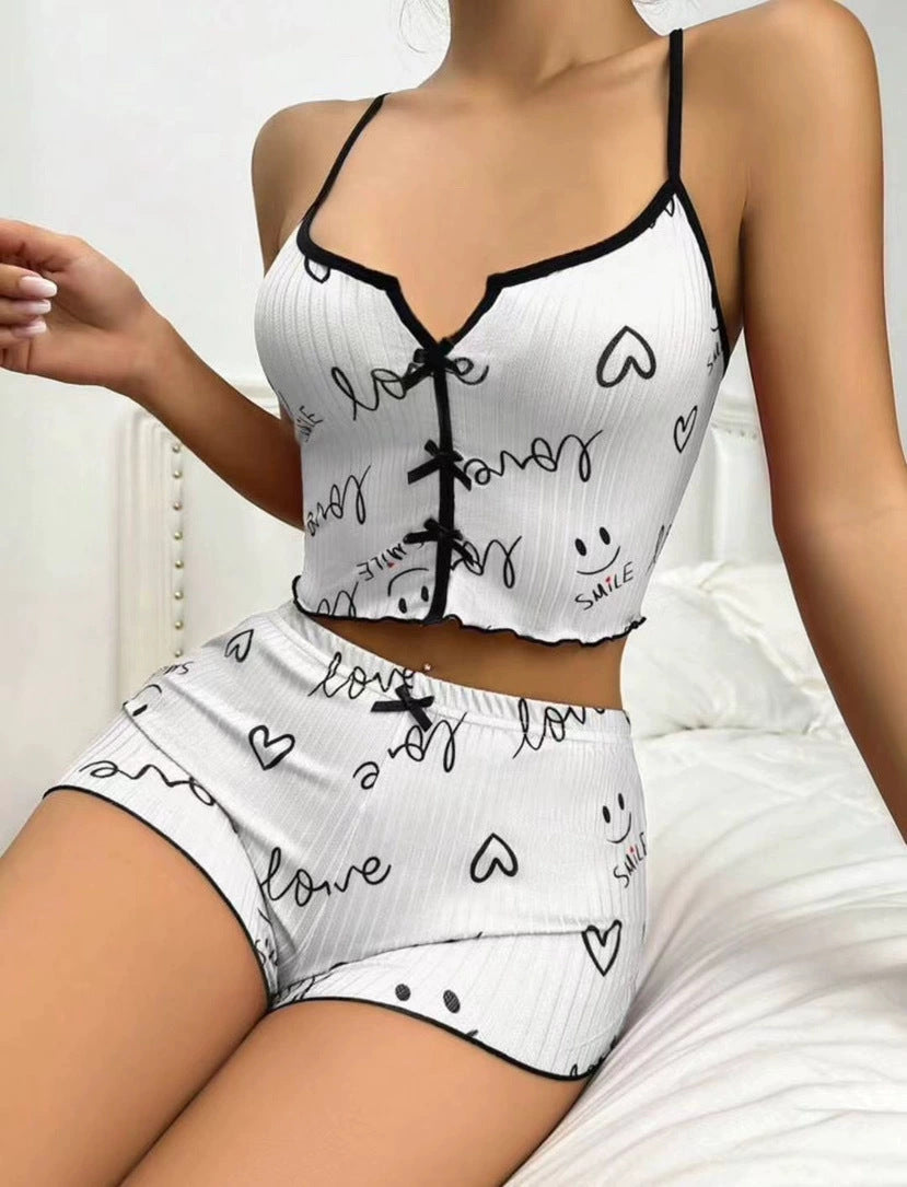 Sexy Herzprint Color Block Pyjama-Set mit Frontschlitz und Trägerdesign