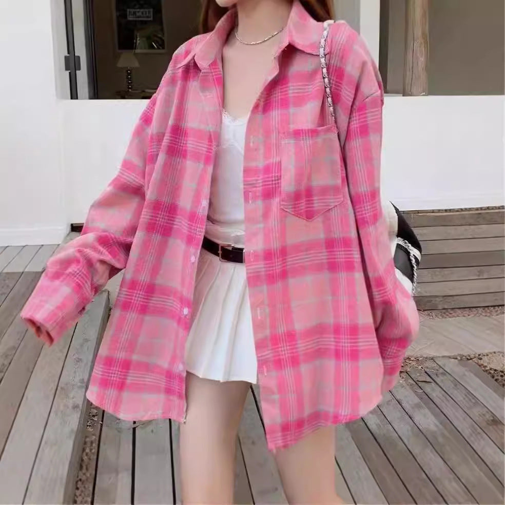Rose Red Plaid Shirt Women's Mid-Length Loose Hong Style Retro Blouse Jacket