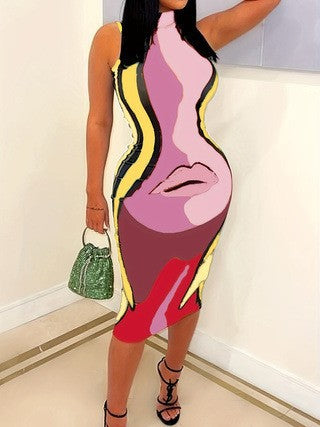 Casual High Neck Sleeveless Human Lips Print Slim Dress