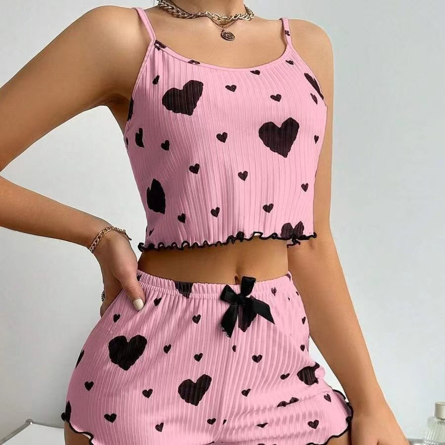 Dessous-Set mit Herzaufdruck, süßer Träger-Nachtwäsche-Anzug