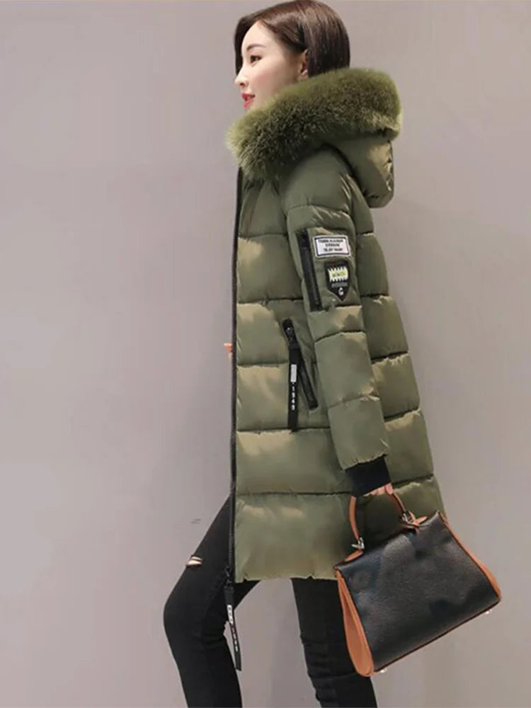 Women's Fur Collar Hooded Parka Long Jacket Slim Warm Coat