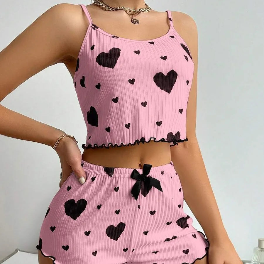 Women's 2PCS Heart Print Pajama Set | Crop Top & Shorts