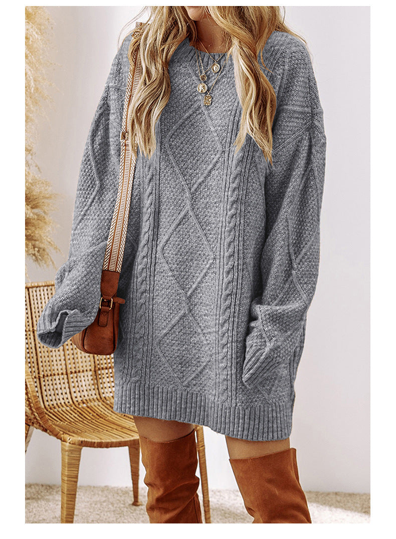 Herringbone Knit Knee-Length Dress Casual Trendy Style