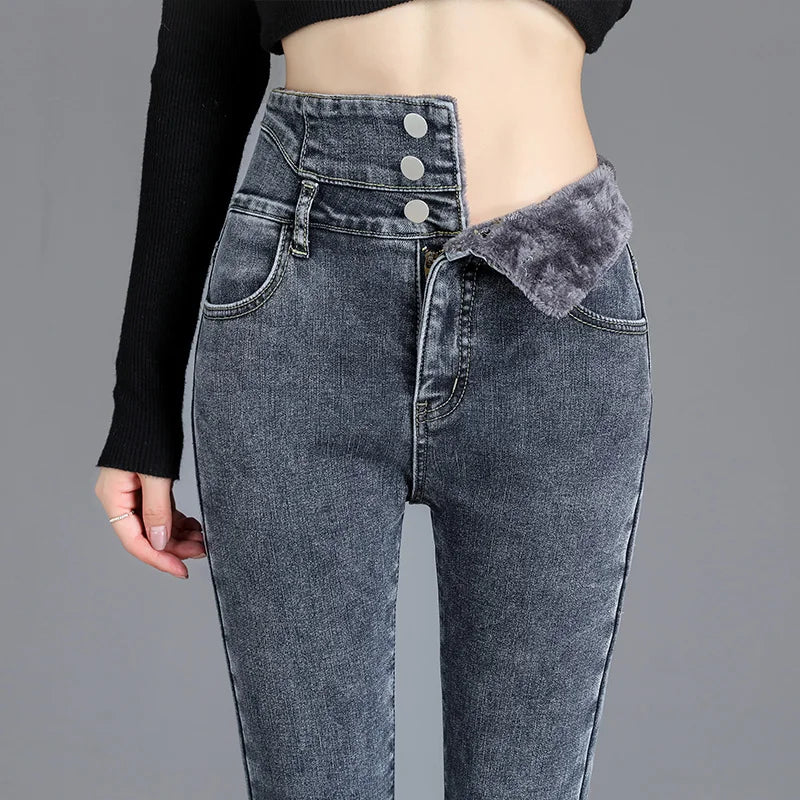 Women's Thermal Fleece High-Waist Velvet Skinny Jeans