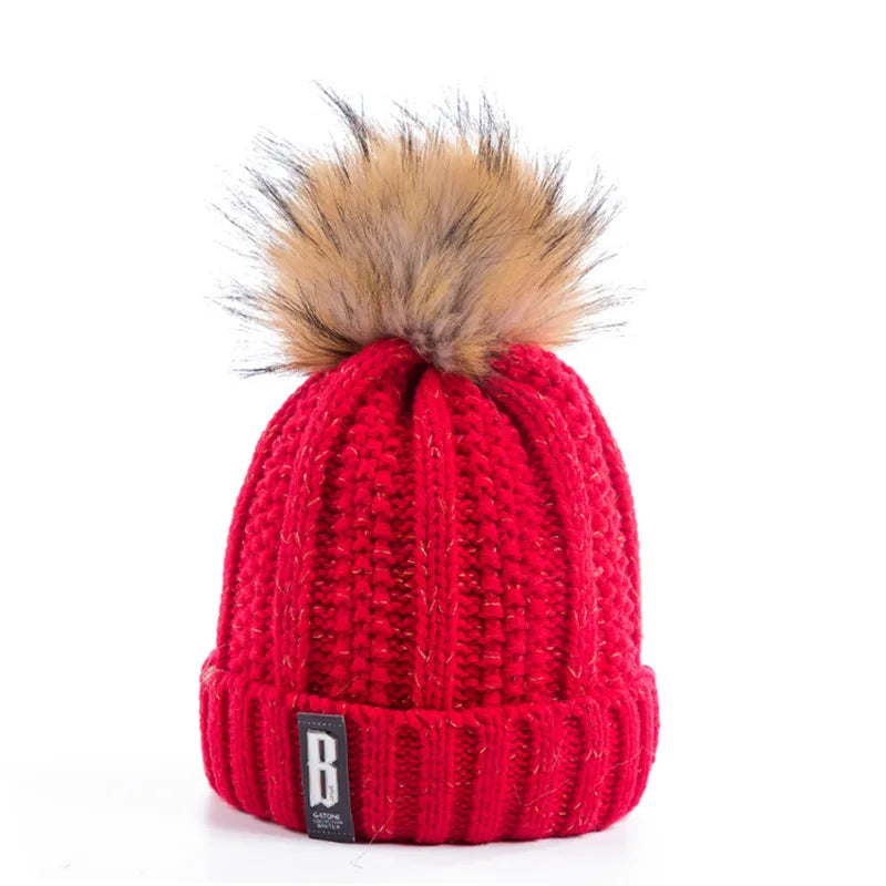 Women's Fur Pompom Winter Wool Beanie Streetwear Knit Hat