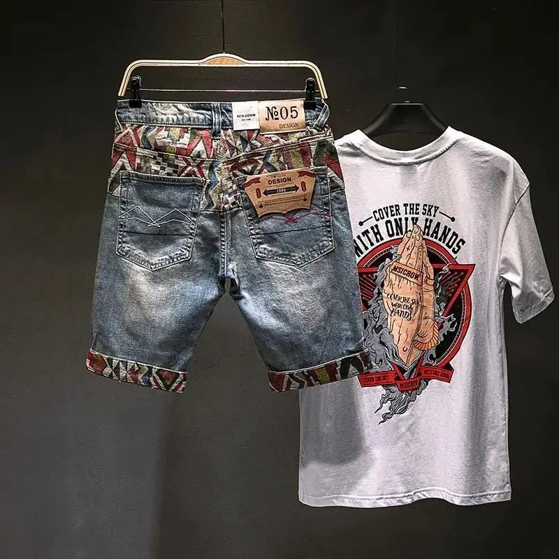 Bestickte Patchwork-Jeansshorts für Herren – Designer