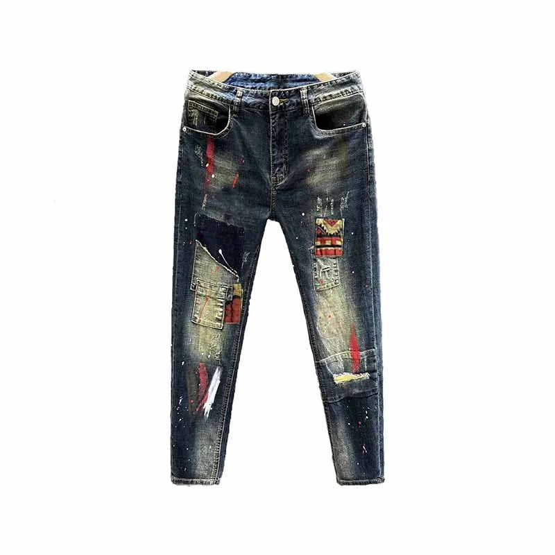 Designer Slim Fit Jeans Spring Brand Washed Patchwork Casual Long Pants Cotton Stretch Denim