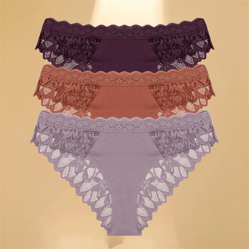 FINETOO 3Pcs Lace Hollow Out Underwear for Women Sexy Low-Waist Floral Briefs Female Invisible Breathable Lingerie Soft Intimate finetoo Official Store