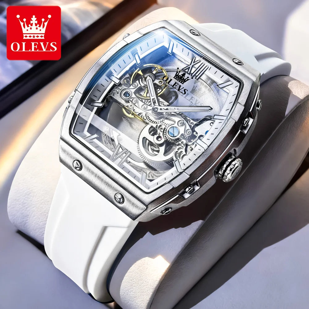 White OLEVS watch with transparent case on a light background