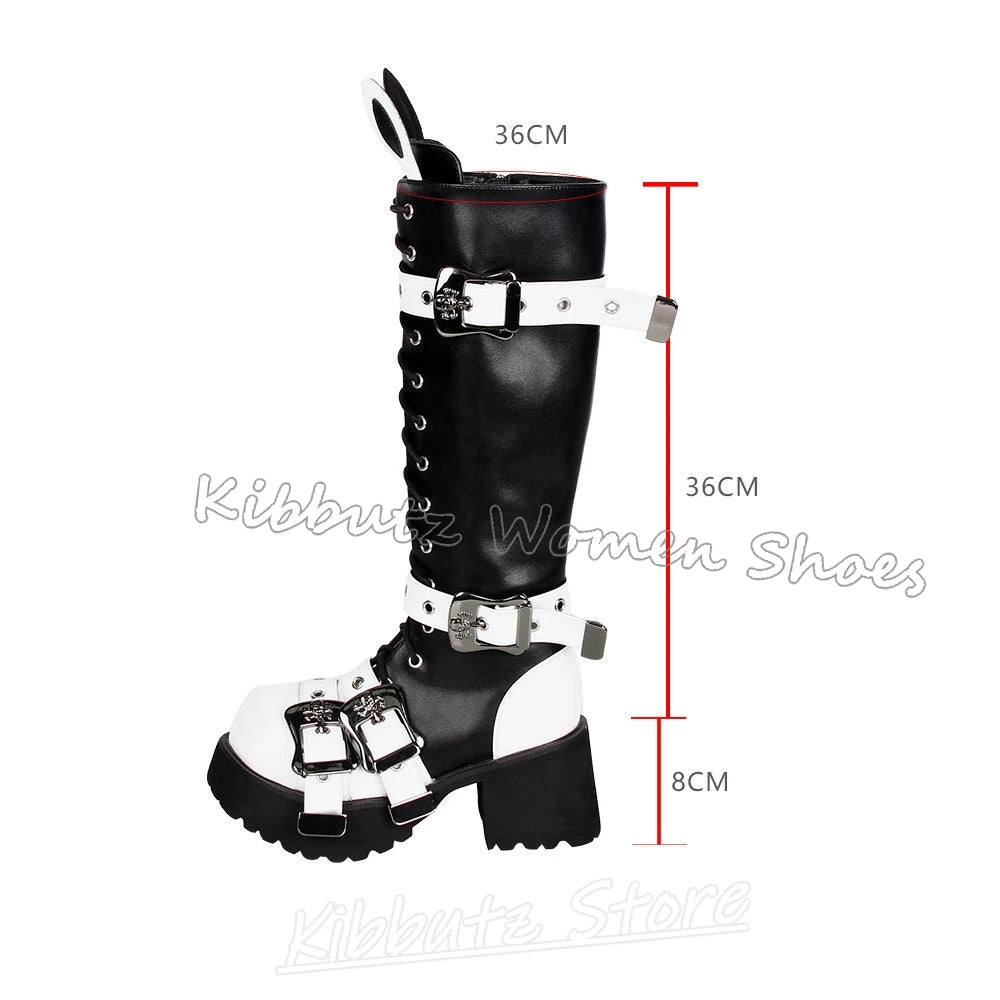 Luxury Knee High Platform Boots Rabbit Shape Chunky Heels