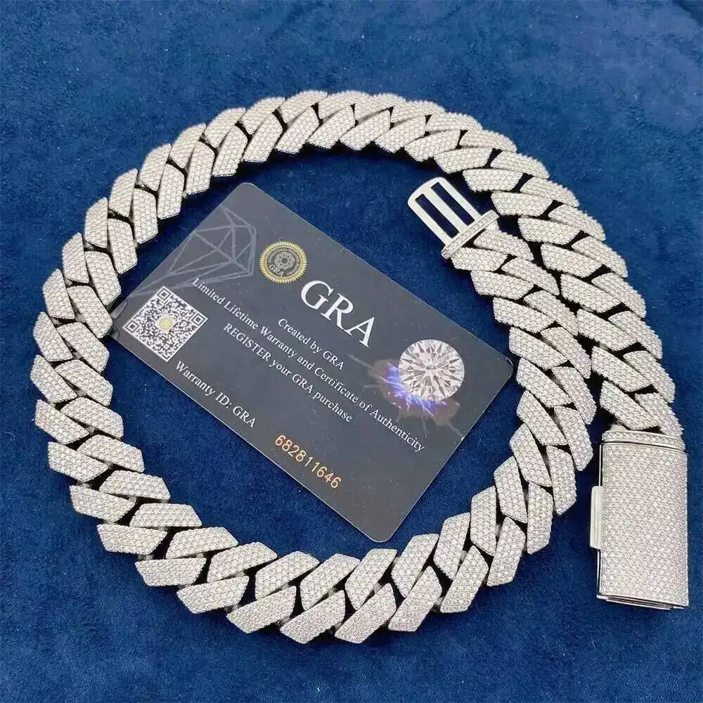 Silver braided chain with a GRA card on a blue background