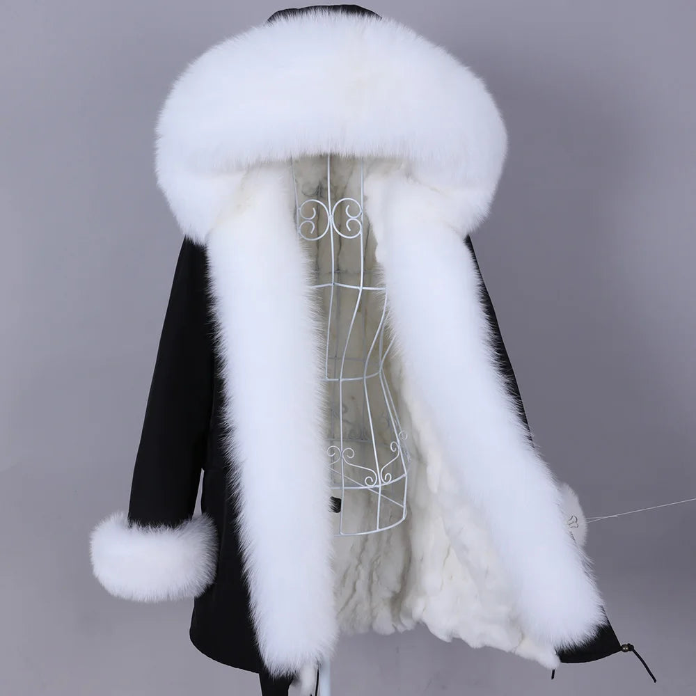 Women's Fox Fur Collar Hooded Long Parka Winter Casual Women's
