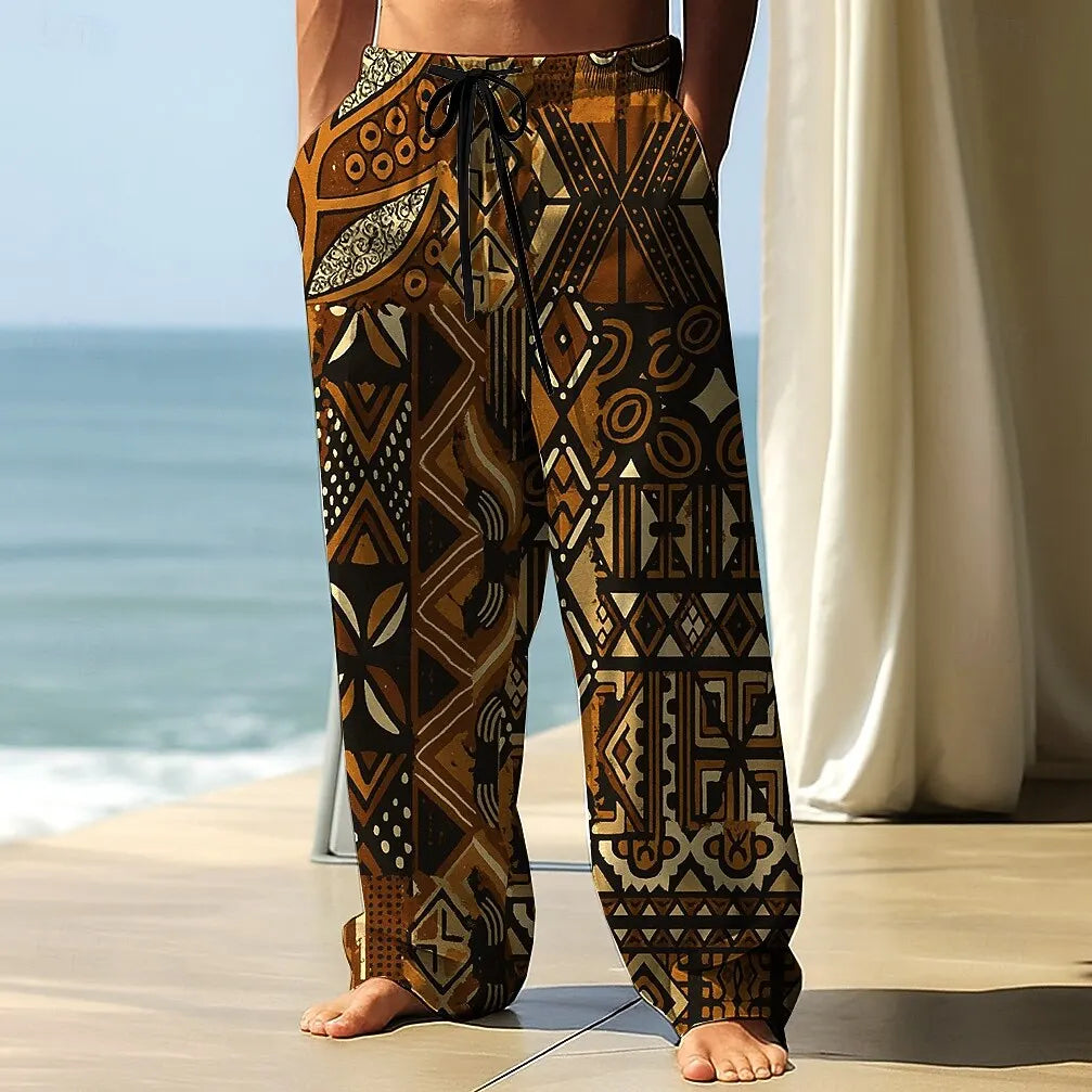 Men's Geometric Ethnic Wide-Leg Drawstring Pants