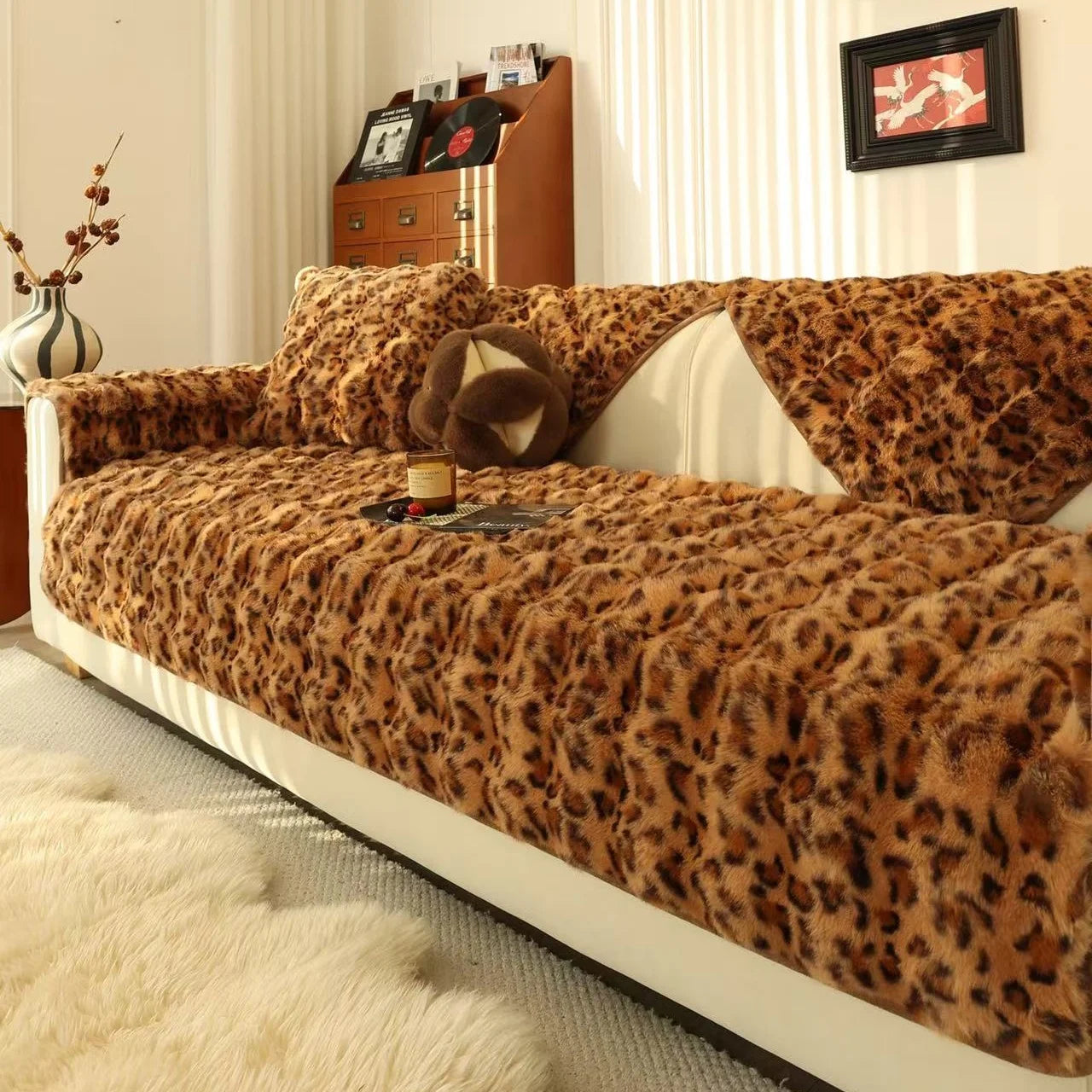Plush Rabbit Fur Sofa Slipcover – Non-Slip Couch Cover