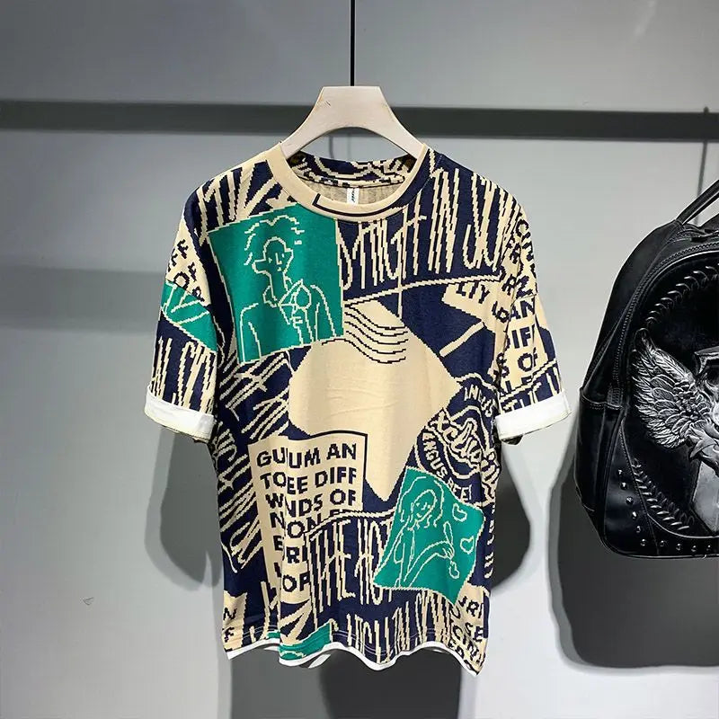 Herren T-Shirt mit geometrischem Muster – Buchstaben-T-Shirt mit Kontrastfarben