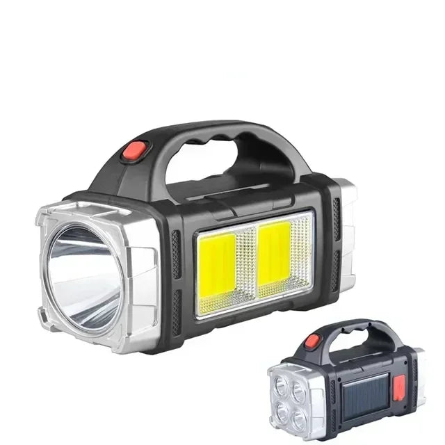 2024 Leistungsstarke LED-Taschenlampe USB+Solar Wiederaufladbare Taschenlampe COB Outdoor Camping Fackel Tragbarer Suchscheinwerfer Power Bank Outdoor
