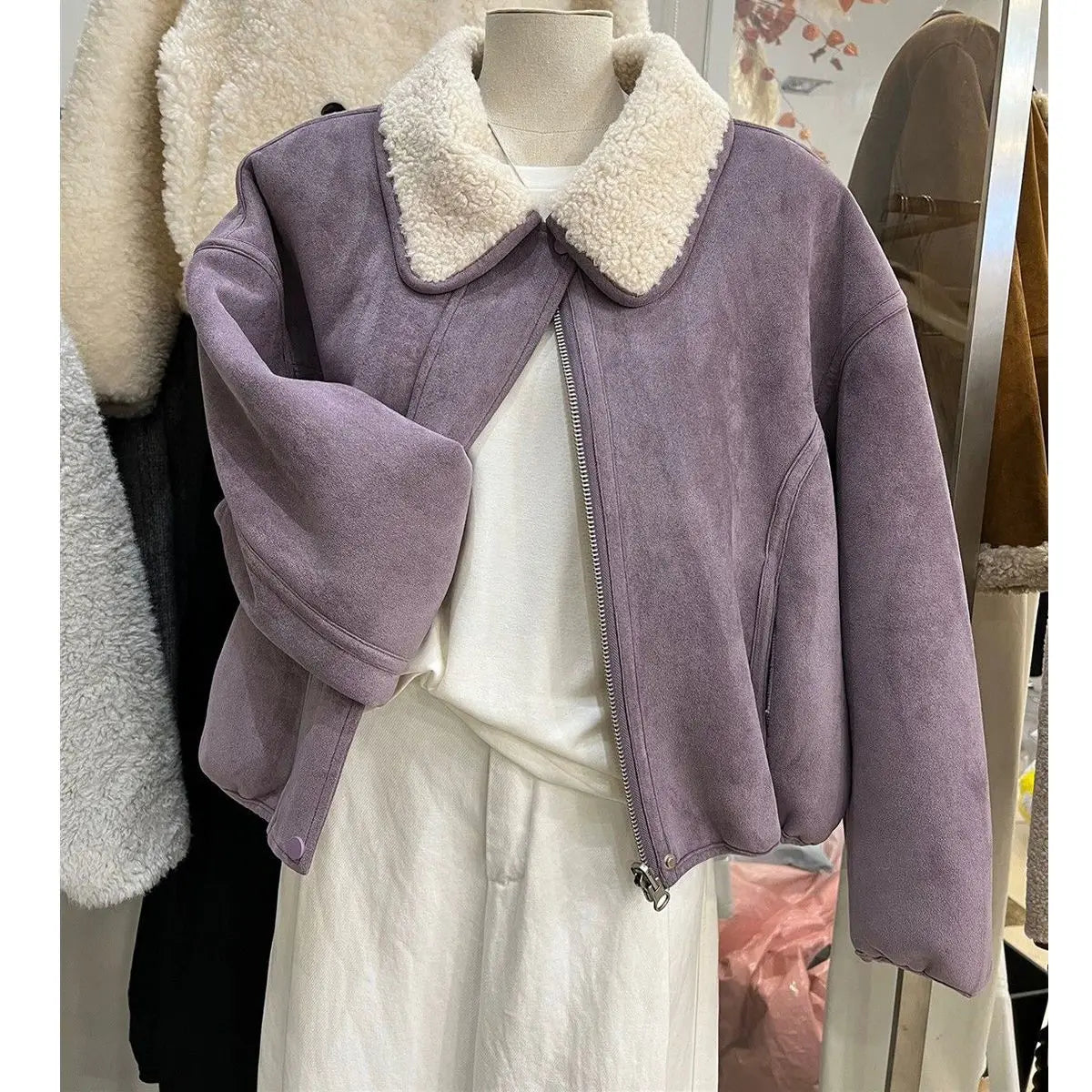 Damen-Wintermantel, doppelseitige Wildlederjacke mit Lammfellkragen