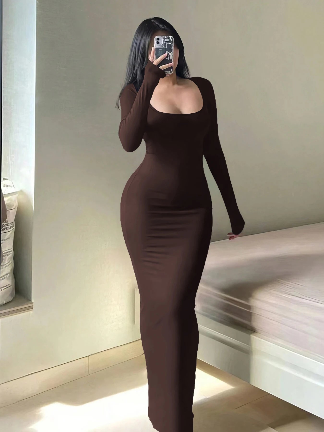 Damen-Bodycon-Kleid, einfarbig, langärmlig, schick, Basic, minimalistisch, lässig, modisch, U-Boot-Ausschnitt, langes Kleid, Damenbekleidung