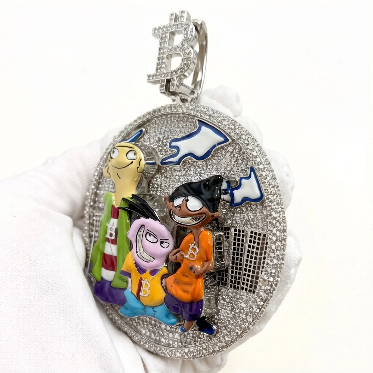 Hand Crafted Art Cartoon Trio Pendant Colored Enamel Silver Color CZ Necklace Jewelry