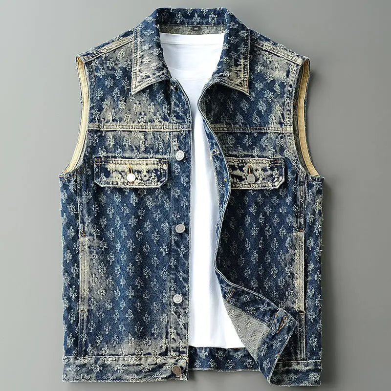 Herren Retro Jacquard Jeansweste | Moto Streetwear