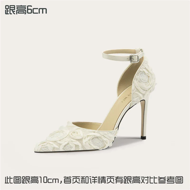 Women's Lace Glitter Wedding Heels – Pointed Toe Banquet Shoes