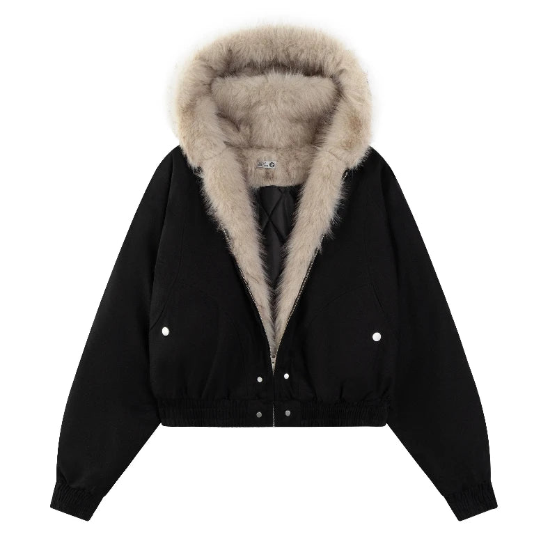 Women's Fur Collar Zip Hoodie Casual Loose Jacket