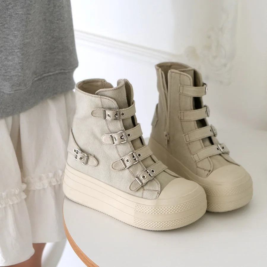 Damen High-Top Canvas-Schuhe – Schnallen-Reißverschluss-Design