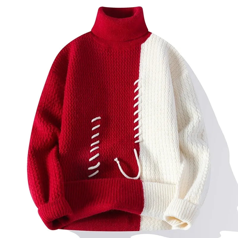 Men's Turtleneck Patchwork Knit Pullover Streetwear Loose
