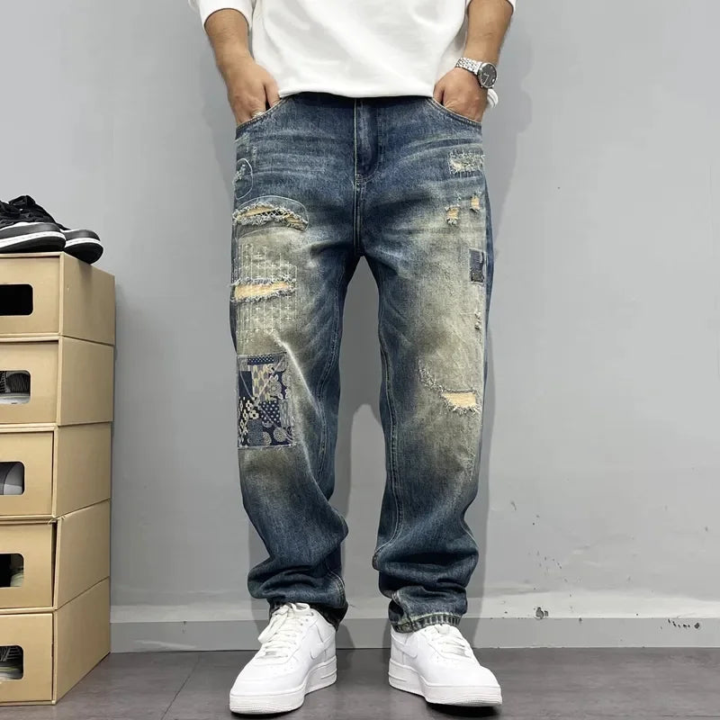 Men's Baggy Jeans – Distressed Patchwork Street Style
