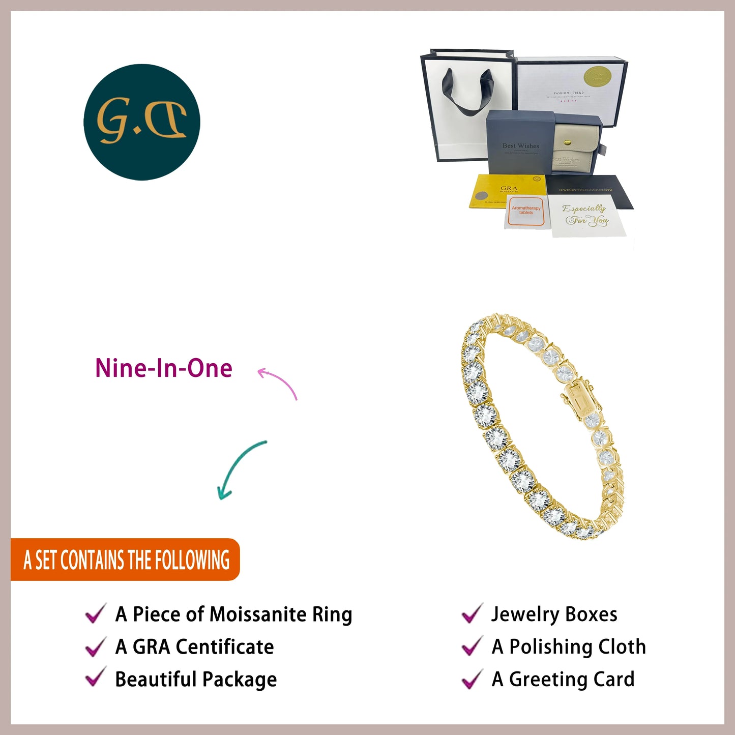 Gold bracelet with jewelry packaging and G.C. logo, featuring a list of included items.