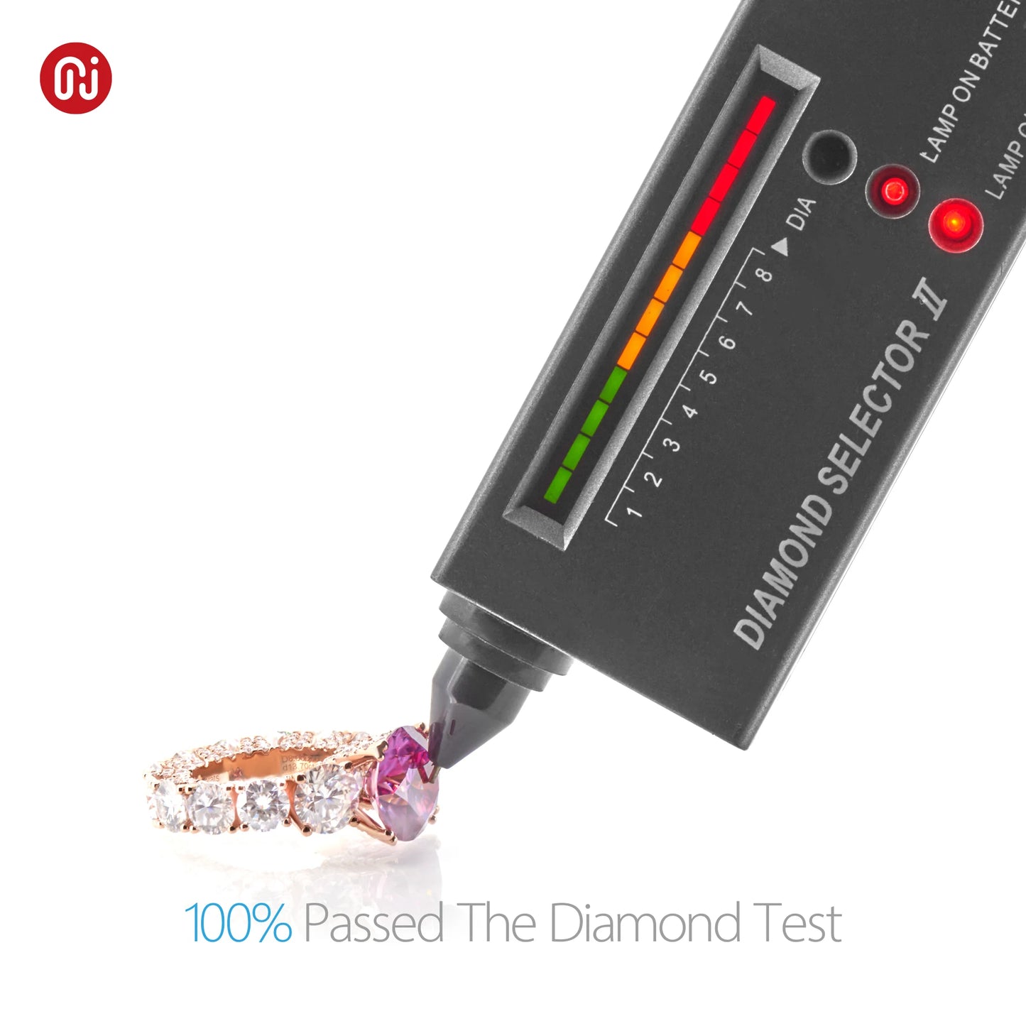 Diamond selector tool testing a pink gemstone on a white background