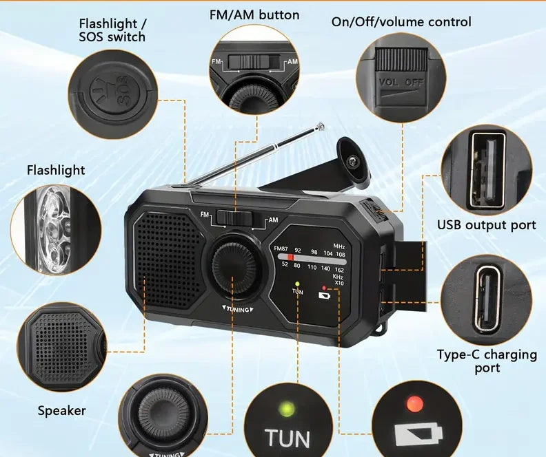 Portable Solar Hand Crank Radio – Emergency AM/FM/NOAA Weather Radio with Solar Charging, SOS Alarm, LED Torch & USB Phone Charger