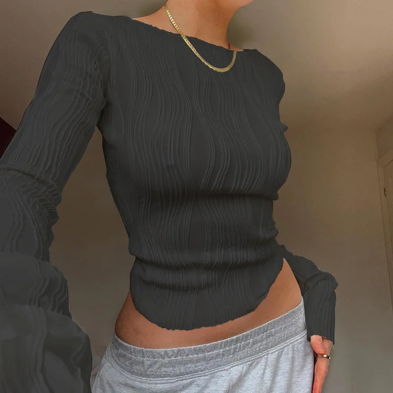Damenmode lässig geraffte Langarm T-Shirt Bluse