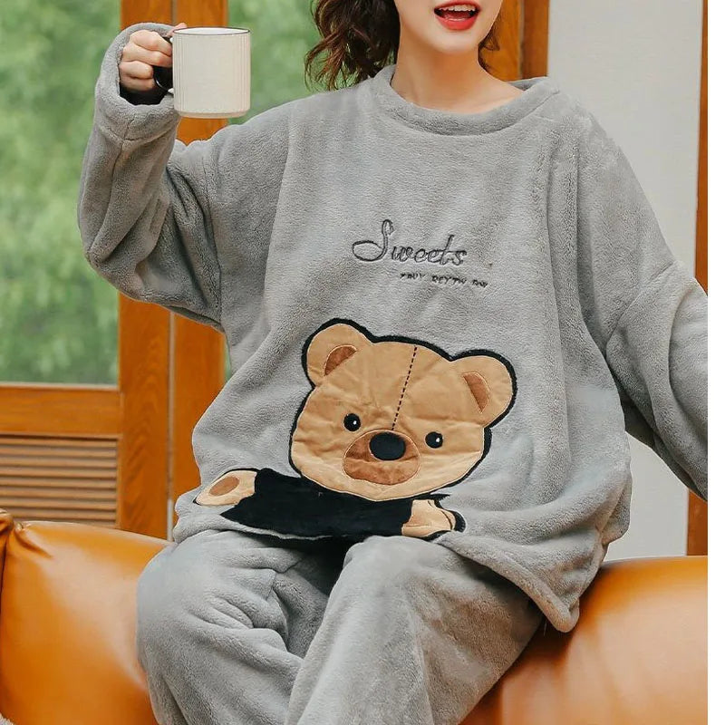 Damen Korallenfleece Cartoon-Bär Pyjama-Set 2-teilig Winter