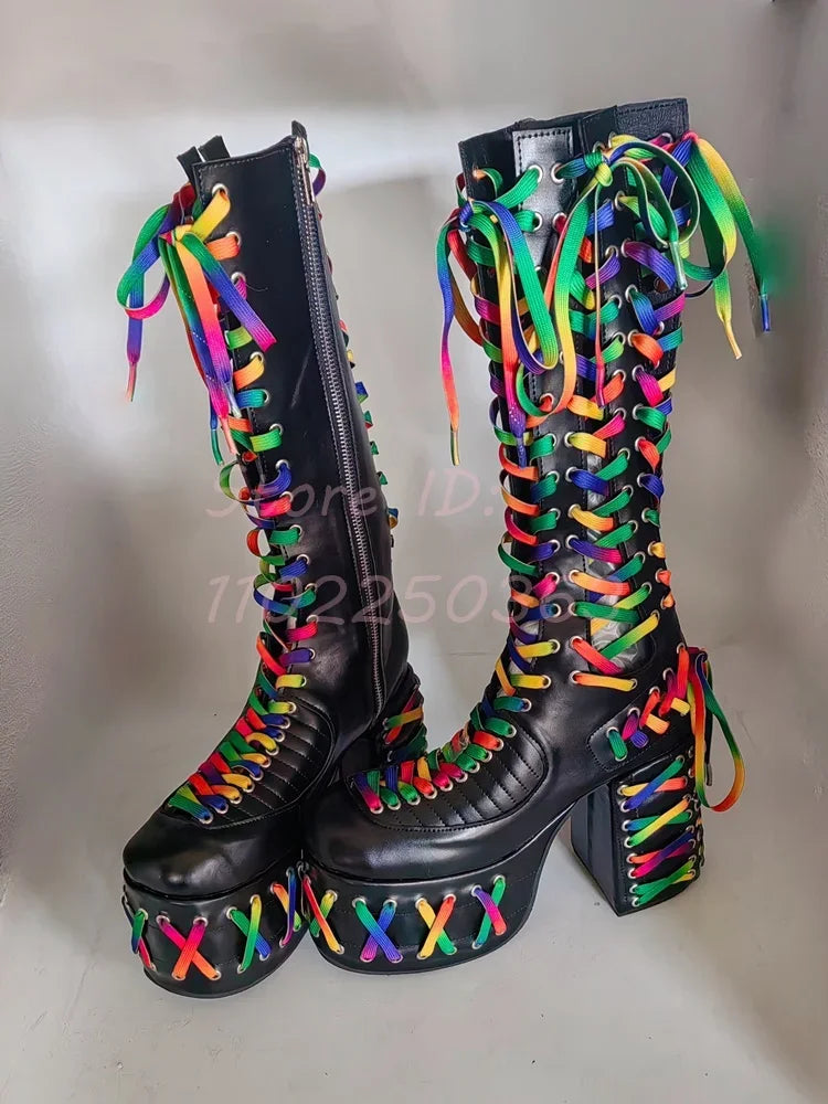 Leather Lace-Up Knee High Boots