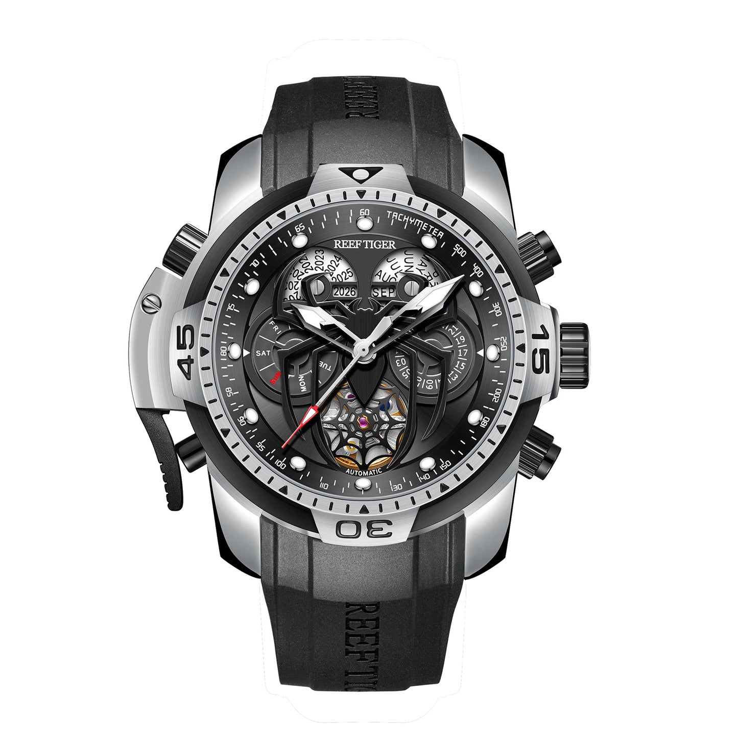 Reef Tiger watch with black and silver design on a white background