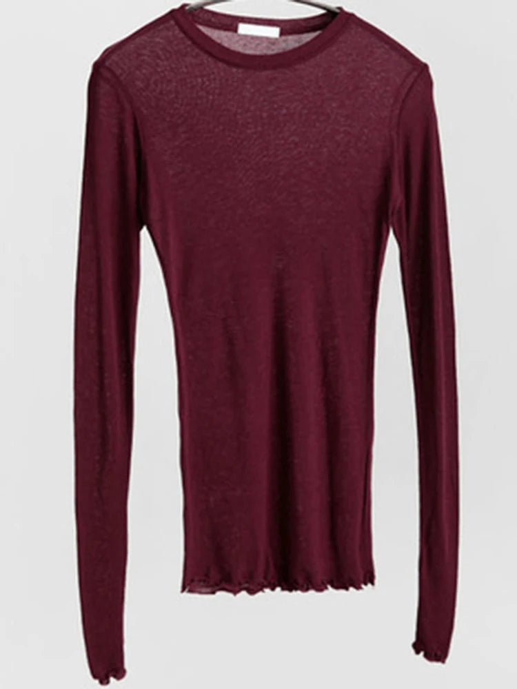 Damen transparentes, langärmeliges Basic-T-Shirt – sexy, dünn