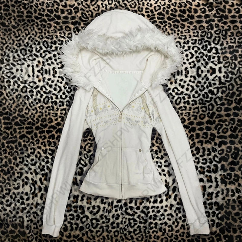 Women's Fur Collar Cardigan Hoodie Goth Punk Style
