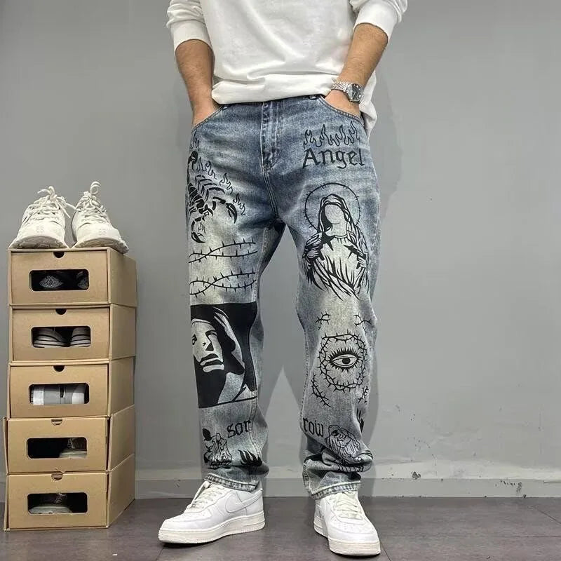 Men's Printed Straight Leg Denim Pants – Plus Size