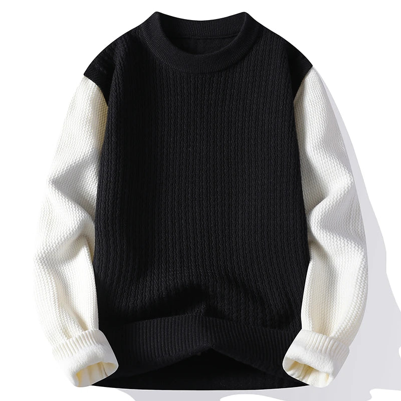 Herren O-Ausschnitt Patchwork Langarm Strickpullover Lässig