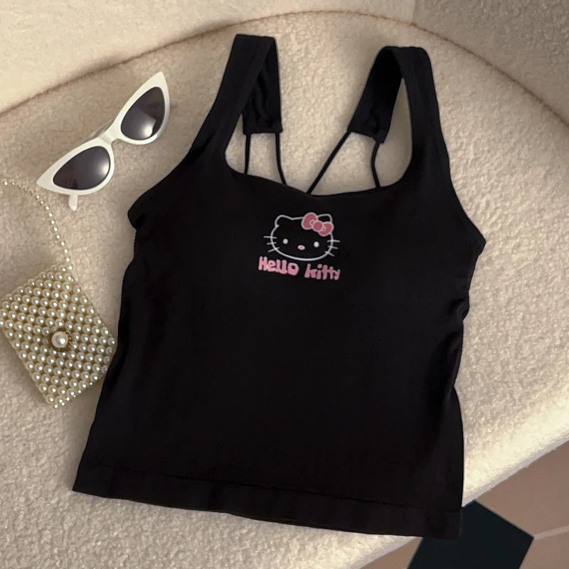 Sanrio HelloKitty Fashion Clothing Y2K Top with Breast Pad Cute Top Girl Summer Cool Cropped Top White Sexy Suspender Girl Gift