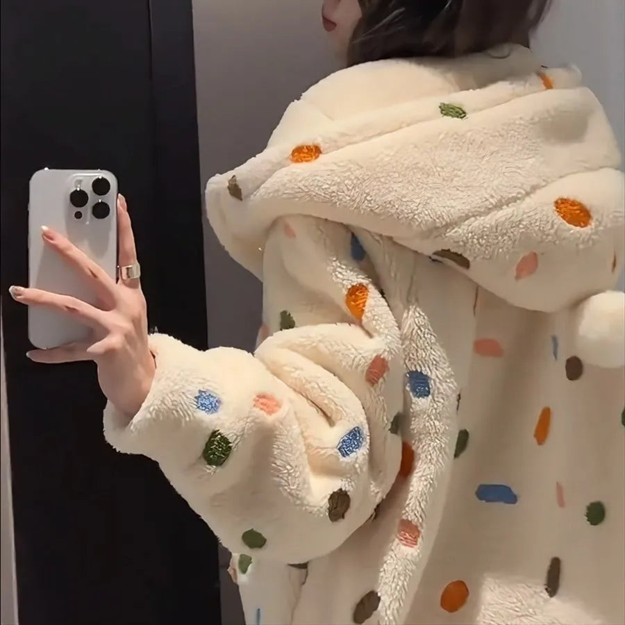 Women's Hooded Flannel Robe Coral Fleece Pajamas Winter