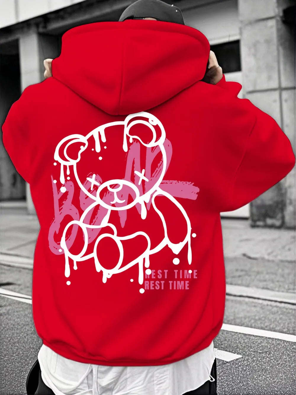 Fashionable men's autumn personalized teddy bear print soft and comfortable hooded sweatshirt outdoor street style clothing - Teglex -