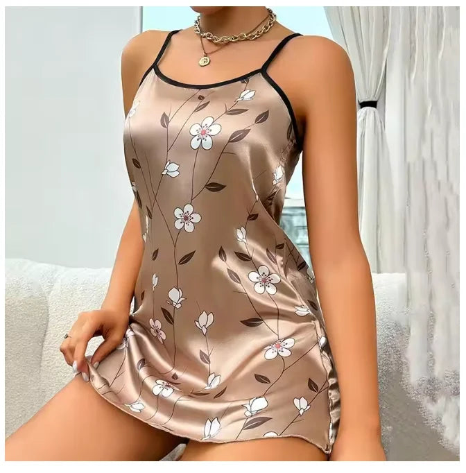 Damen Nachthemd aus Satin mit Blumenmuster, ärmellos, rückenfrei, Unterkleid