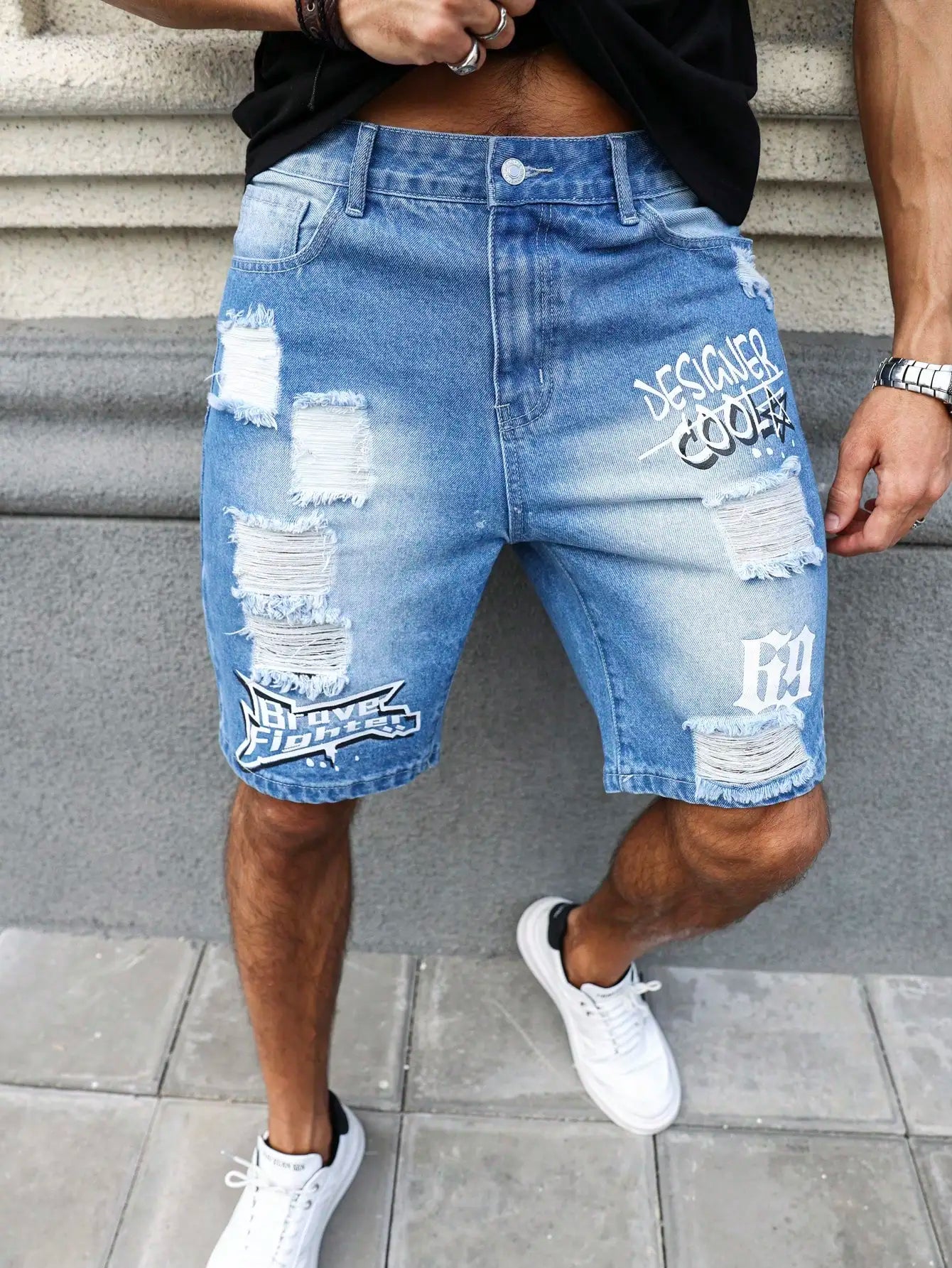 Men's Blue Ripped Printed Denim Shorts – Trendy