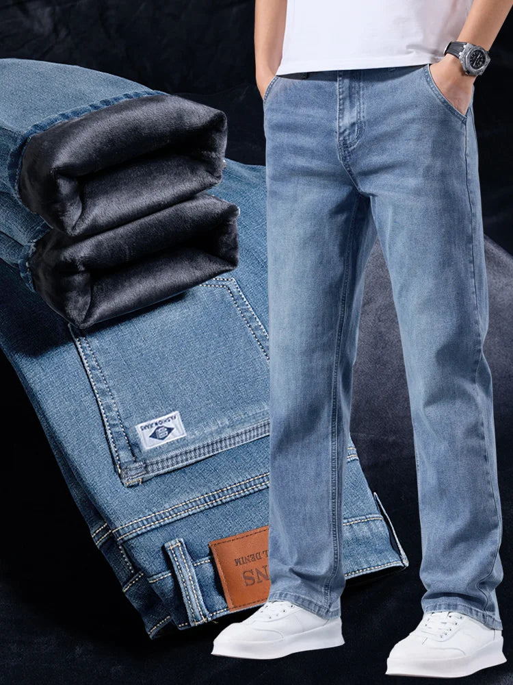 Men's Fleece Lined Stretch Business Casual Jeans Pants