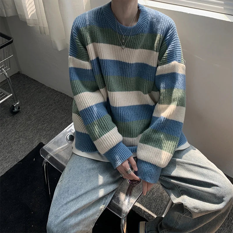 Men's Loose Knitted Stripe Sweater Autumn Winter Woolen
