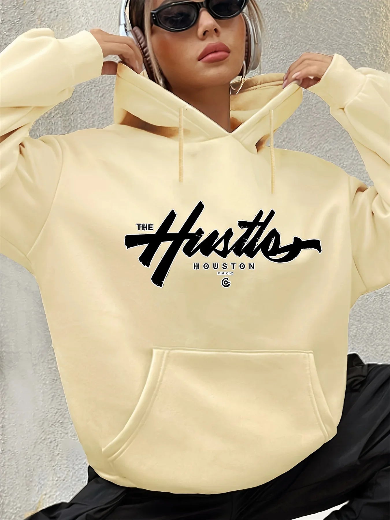 Autumn Winter Women's Loose Warm Houston Letter Pattern Suede Long Sleeve Hooded Sweatshirt - Teglex -