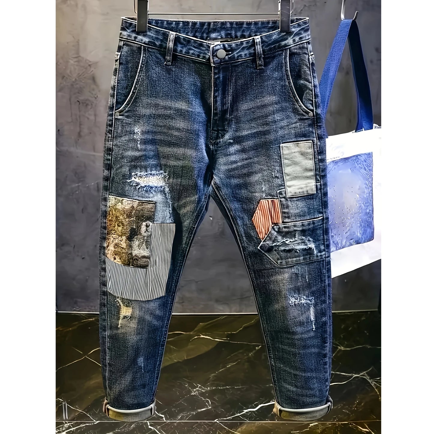 Herren Retro Distressed Bären-Patch Strass Jeans | Street