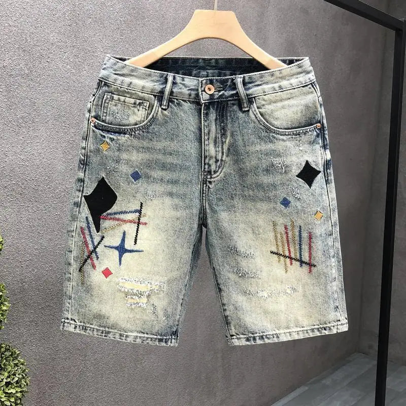 Herren Luxuriöse Bestickte Ripped Denim Shorts – Sommer